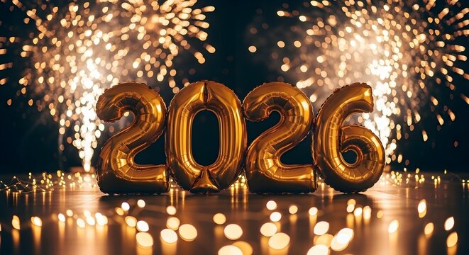Golden 2026 balloons celebrate new year with fireworks