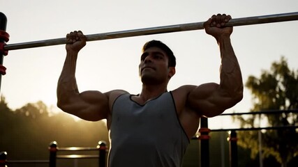 Outdoor workout at sunrise, man performing pull-ups on a bar, fitness routine in nature setting, strength training focus, summer morning exercise