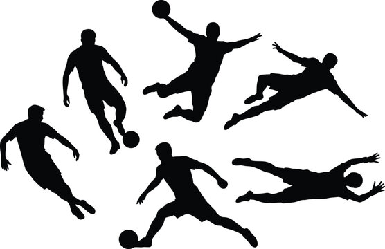 Dynamic football soccer players silhouettes in various action poses isolated