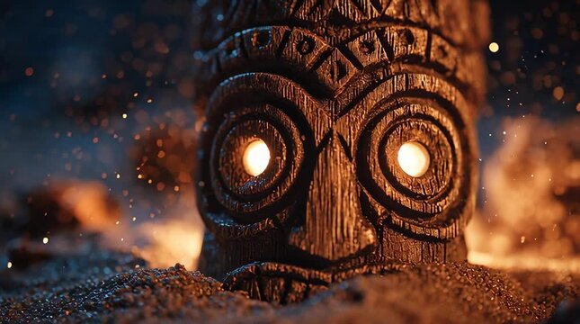Hawaiian Tiki Tribal Sculpture &ndash; Glowing Neon Eyes Closeup of a Carved Wooden Tiki Mask