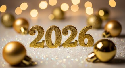 Golden 2026 numbers surrounded by festive bokeh lights and ornaments
