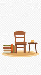 Stack of books next to a chair and a cup on a small table.