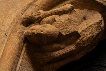 spiderman carved in semicircular arched portal, Church of Santa Maria de Covet, 12th century Romanesque parish church, Pallars Jussà, Lleida, Catalonia, Spain © Tolo