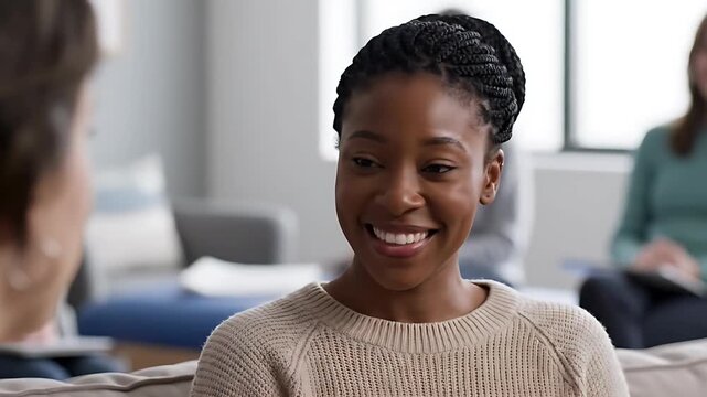 Radiant African American woman with braided hair beams a warm smile actively engaged in a supportive group conversation portraying genuine happiness and connect