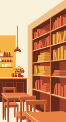 Bookshelves, tables, chairs, and a counter with decorative items.