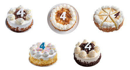 Sets of cake with number 4 on top, group of cake isolated.