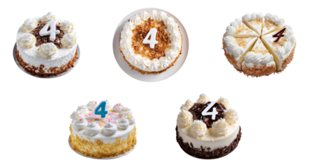 Sets of cake with number 4 on top, group of cake isolated.