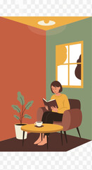 Woman reading a book while sitting in a chair with a coffee cup.