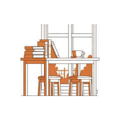 Desk with books, chairs, and a cup by a window.