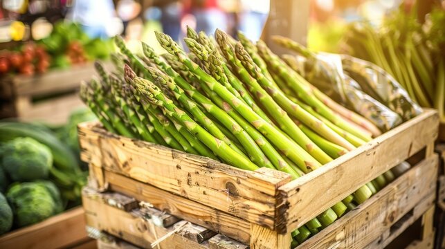 Fresh green asparagus stalks in wooden crates at a market stall, vegetables, healthy food, agriculture, fresh produce