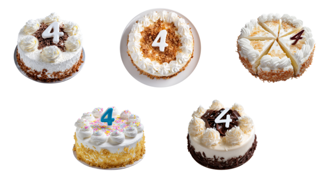 Sets of cake with number 4 on top, group of cake isolated.