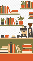 Bookshelves with books, plants, and coffee maker with cups.