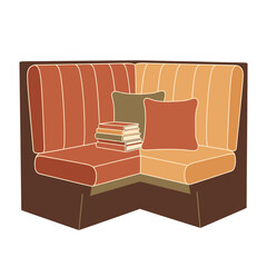Corner sofa with pillows and a stack of books.
