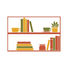 Bookshelf with books cups and a potted plant.