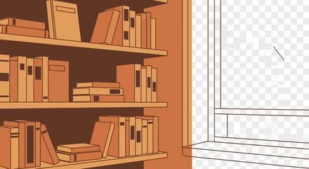 Bookshelves filled with books next to a window.