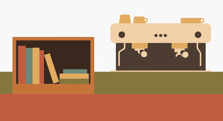 Bookshelf with books and an espresso machine with cups.