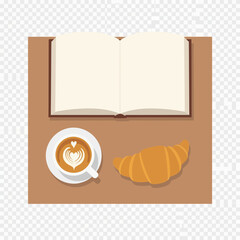Open book, coffee cup with latte art, and croissant on a table.