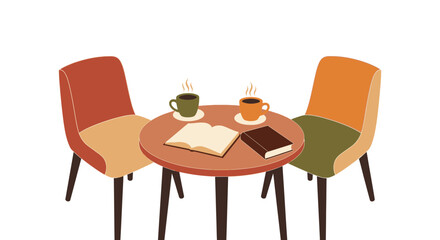 Two chairs and a table with books and steaming coffee cups.