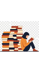 Person sitting and reading a book next to a large stack of books.