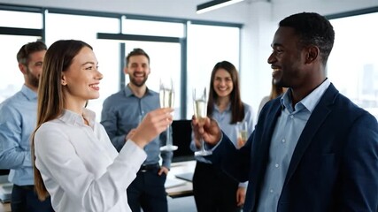 A group of professionals toast with champagne glasses in an office setting