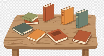 Several colorful books are arranged on a wooden table.