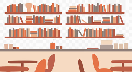 Bookshelves filled with books and a counter with cups and chairs.