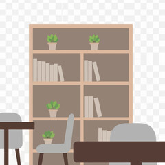 Bookshelf with plants and chairs near tables.