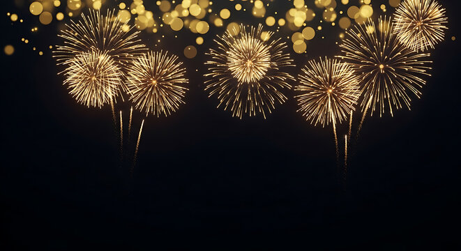 Golden fireworks exploding in a dark night sky - Powered by Adobe