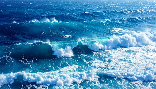 Azure waves rolling, crashing in a vast expanse of ocean