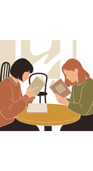 Two people sitting at a table reading books.