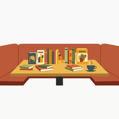 Books and a cup of coffee on a table with a couch.