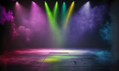 Vibrant Multicolor Stage Lights With Fog on Dark Background