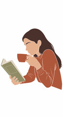 Woman reading a book and drinking from a cup.