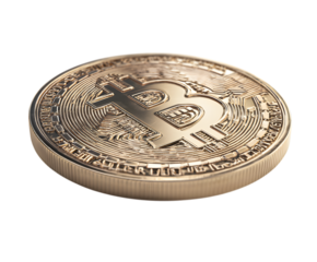 Golden bitcoin coin isolated on transparent background, representing cryptocurrency
