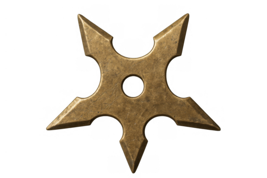 Japanese shuriken with pointed blades and central hole, crafted from aged metal, representing ancient ninja warfare