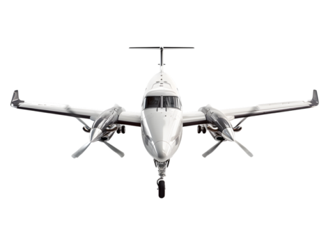 Front view of a small airplane with propellers isolated on transparent background