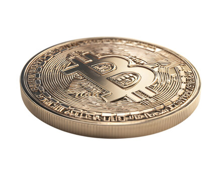 Golden bitcoin coin isolated on transparent background, representing cryptocurrency