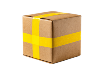 Brown Cardboard Box Wrapped with Bright Yellow Tape on Plain White Background
