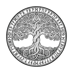 Celtic Tree of Life Vector – Yggdrasil Tree Knotwork Circle Design, Roots and Branches Mandala Vector Illustration, isolated black and white art