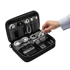 Tech organizer holds cables for digital nomad