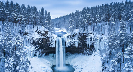 Winter Frozen Waterfall and Snowy Pine Forest Drone Photography