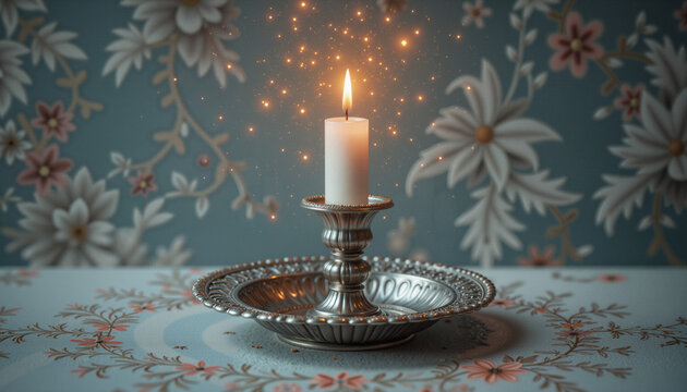 Glowing candle on ornate silver holder casting soft, romantic light over tabletop, with beautiful artistic floral background. Glowing candle evokes tranquility,