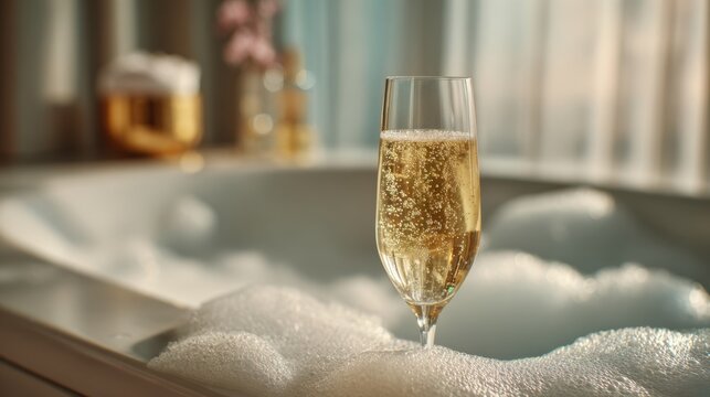 Luxurious bubble bath with champagne glass in relaxing spa setting,Bathtub Party Day - Powered by Adobe