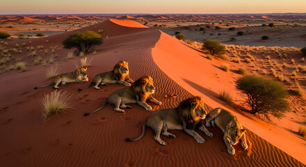 Drone Shot of Kalahari Desert Black-maned Lions and Dunes