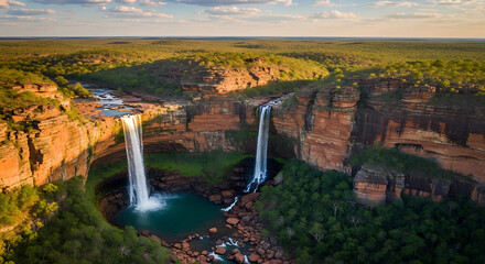 Aerial Shot of Chapada dos Guimar&atilde;es Red Cliffs and Waterfalls