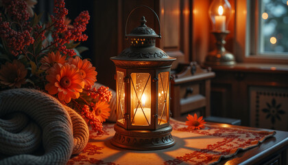 Vintage lantern with candle glow illuminating cozy indoor setting, detailed with blanket and flowers on surface. Vintage lantern enhances cozy indoor setting.