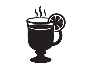 Black silhouette of steaming christmas drink with lemon slice, isolated on white background. concept of holiday beverage, festive mug, warm drink, winter season, design element