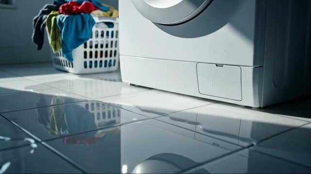 Washing machine leak on white tile floor in laundry room, showing water damage and breakdown for home appliance repair footage.