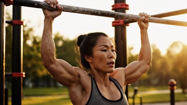 Asian woman in athletic wear performs pull-ups at an outdoor gym, showcasing strength and determination, sunset adds warm and motivational ambiance