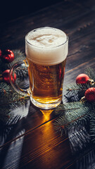 Christmas Lager Beer with Evergreen Branches on Wooden Table